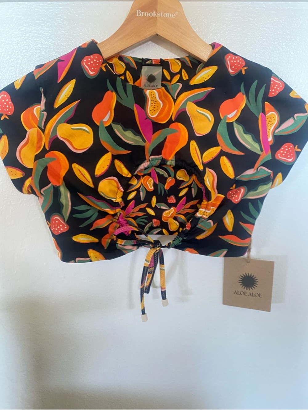 Aloe Aloe Black Tropical Drawstring Bikini Top